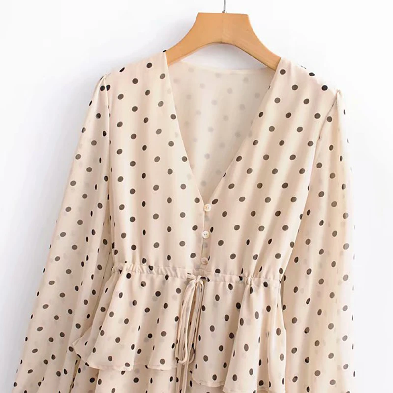 Женское длинное платье в горошек с V-образным вырезом и оборками | Женская одежда