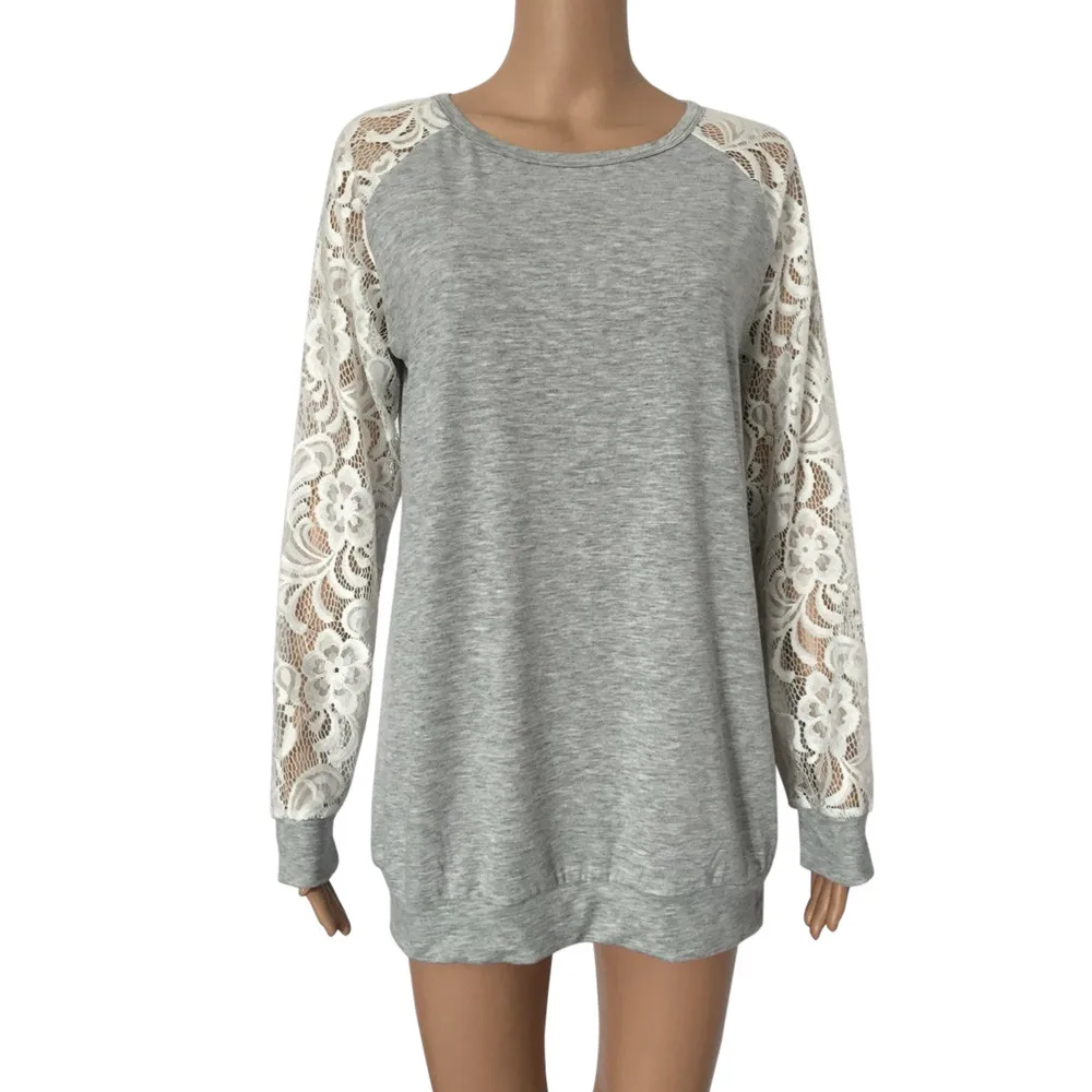 Женская кружевная блузка с круглым вырезом и длинным рукавом|Блузки| |