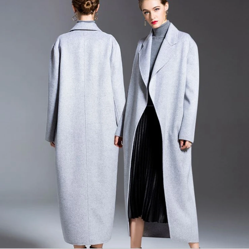 Зимнее шерстяное Новое Женское пальто ручной работы серое кашемировое с двойным