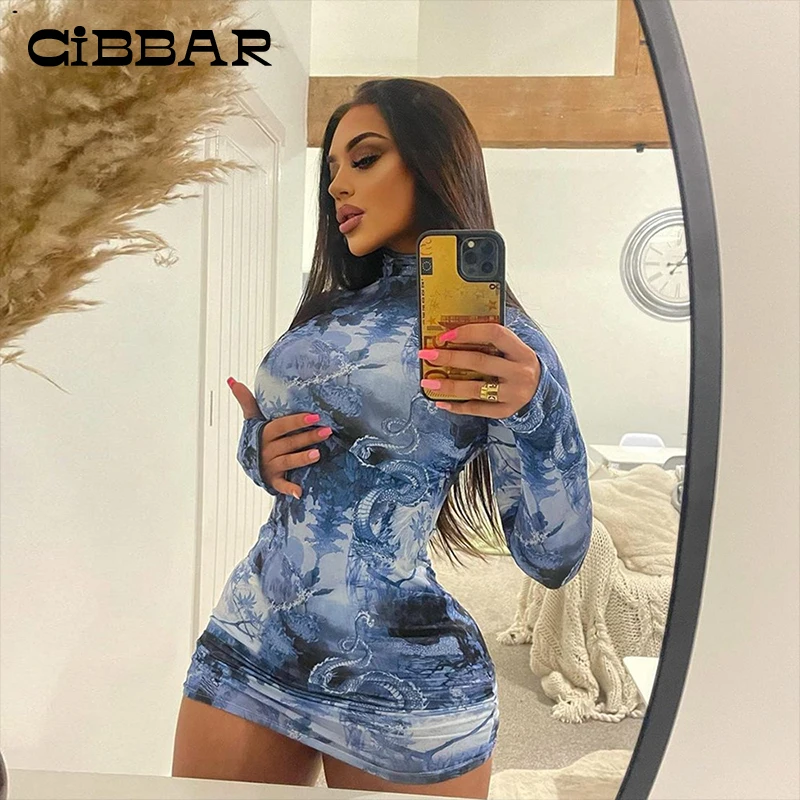 

CIBBAR Vintage Print Sexy Body-Shaping Mini Dress Women Grunge Fairycore Long Sleeve Hipster Casaul Fashion Chic Street Clubwear