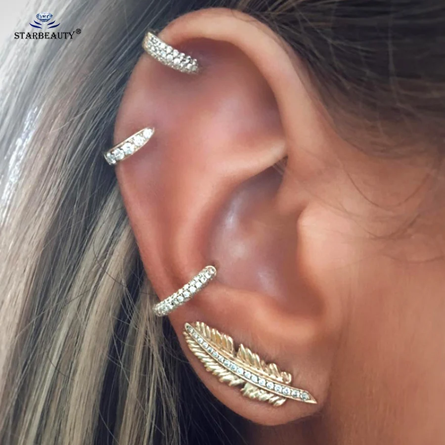 Starbeauty 4 шт. Стразы золотистого цвета в форме листа серьги-манжеты комплект спираль прокалывания ушей серьги-гвоздики поддельный пирсинг Ювелирное кольцо в нос
