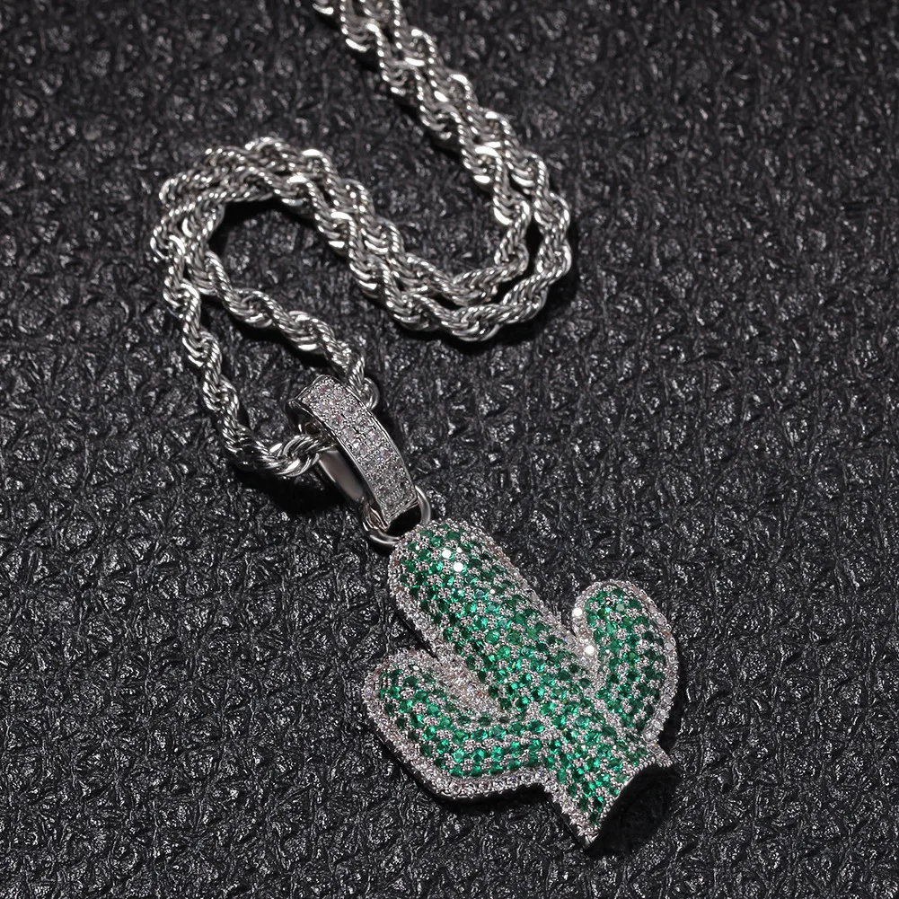 

Iced Out Cactus Pendant Necklace Newest AAA Green Cubic Zircon Men's Ms Charms Necklace Fashion Plant Hip Hop Jewelry