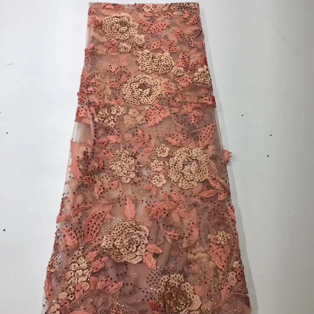 Персиковое Африканское кружево ткань со стразами Вышитое в нигерийском стиле
