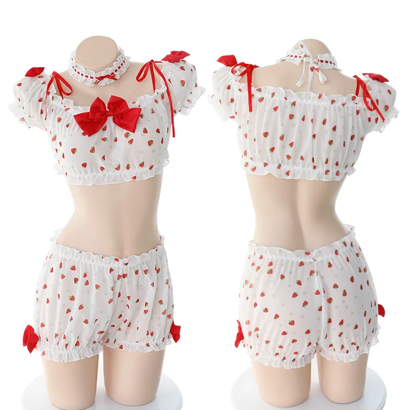 

2019 Sexy Cute Lace Ladies Chiffon Pajama Set Strawberry Fruit Printed Camisole and Shorts White Set Casual For Women Girlfriend