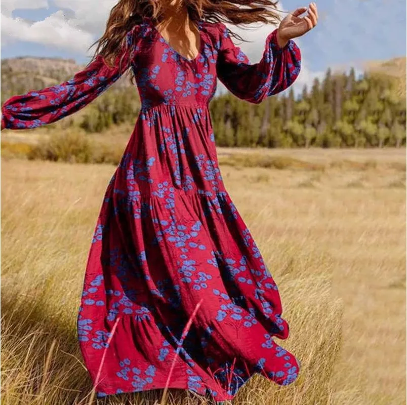

Kalenmos Streetwear Dress Women V-neck Puff Sleeve Concealed Printed Sexy Waist 5XL Plus Size Large Swing Dresses for Woman