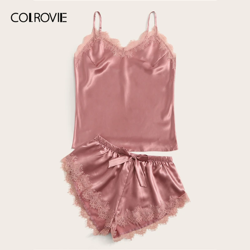 COLROVIE розовый кружевной атласный Cami PJ набор сексуальная пижама без рукавов однотонная Пижама женские короткие комплекты комплект свободных пижам для дам