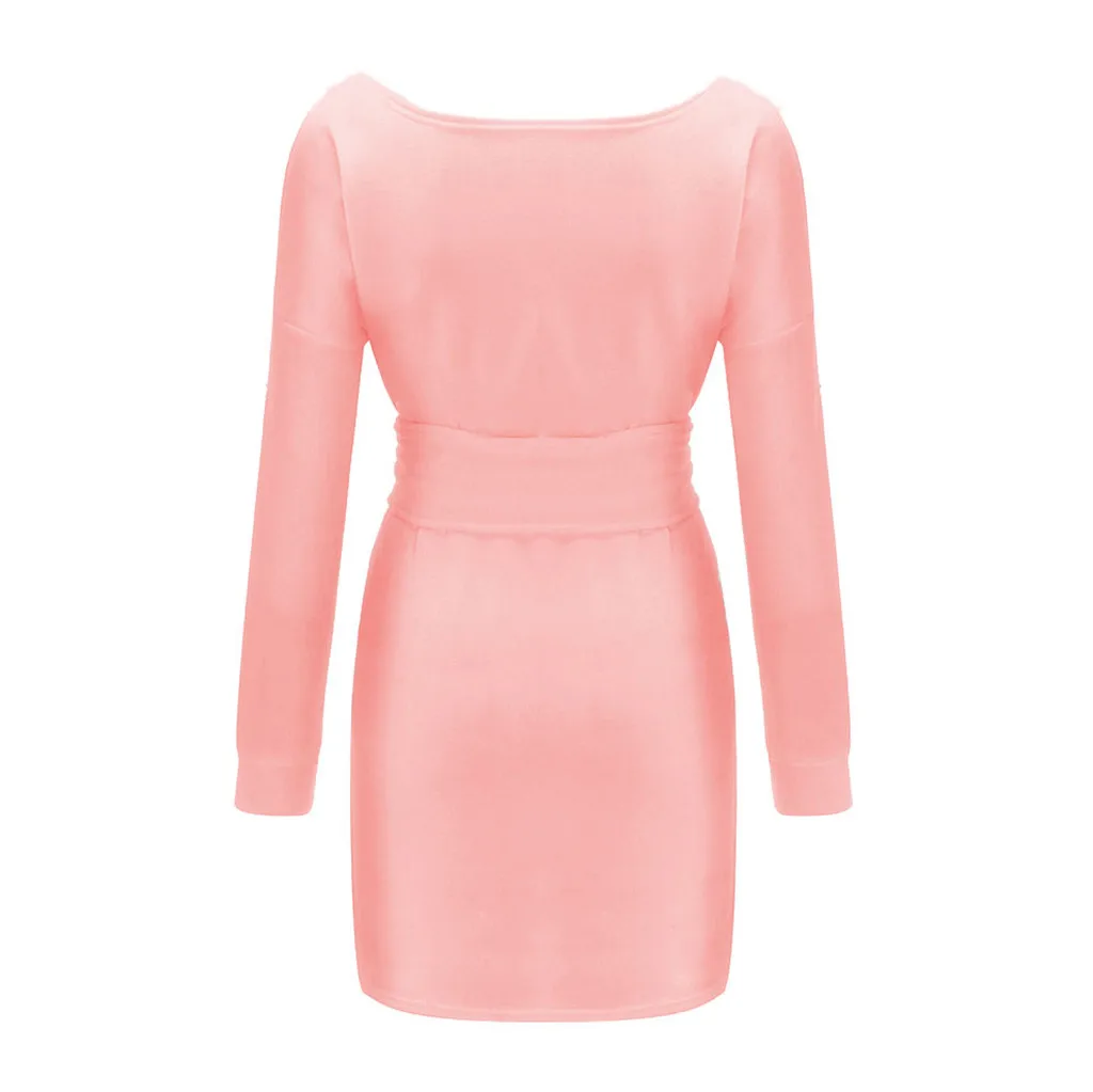 

Winter Dress Casual Women'S Solid O-Neck Long-Sleeved Wool Thick Dress + Belt Strap Dress Party Nightclub Sexy Dress Z1209