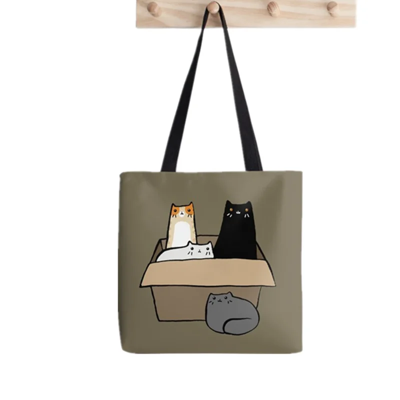 

Женская сумка-шоппер с рисунком кошки в коробке, кавайная сумка с принтом в стиле Харадзюку, холщовая сумка-шоппер для покупок, женская сумк...