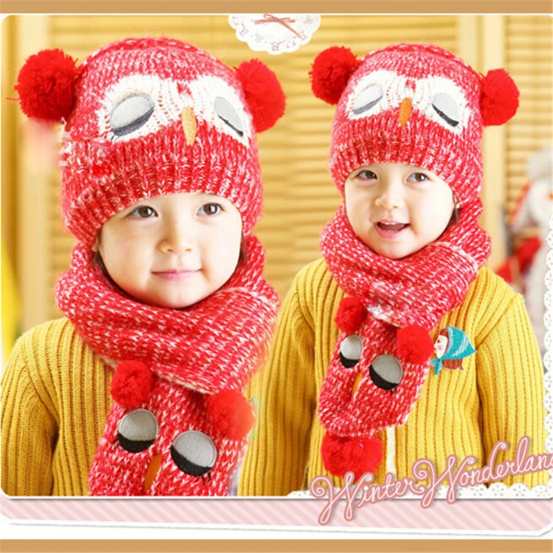 

Autumn Infant Knitted Wool Hat New Baby And Winter Hat For Kids Fashion Owl Hat Children Warm Windproof Hat Scarf Set