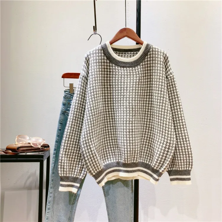 Новинка 2020 женский осенний свитер с круглым вырезом теплый в клетку длинным