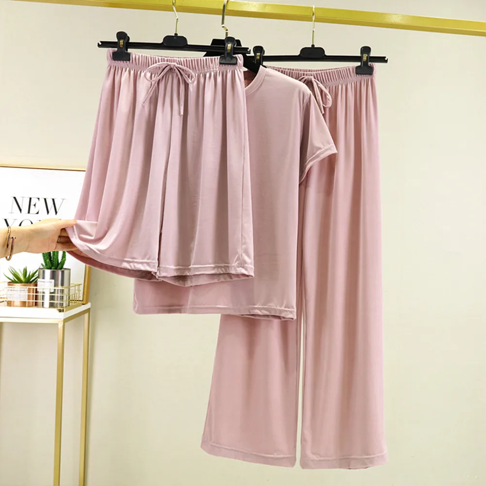 

Fdfklak Women's Sleepwear Set Short Sleeve Pajamas Summer New Ice Silk Sleeping Suit Women Long Pant Pyjamas Sets Nightwear