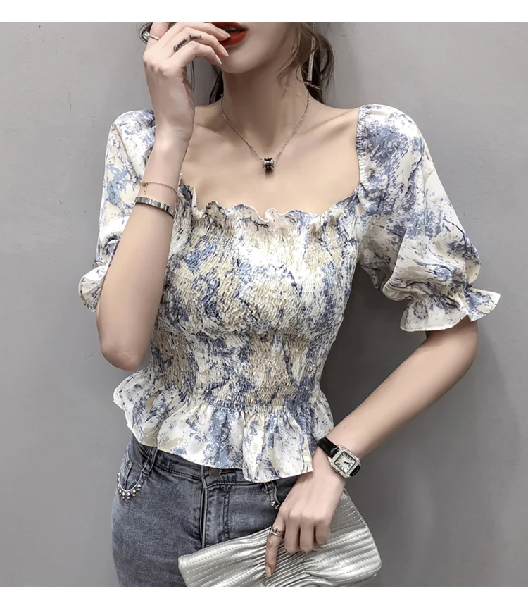 Женские блузки с цветочным принтом Винтажные эластичные Блузы оборками на спине