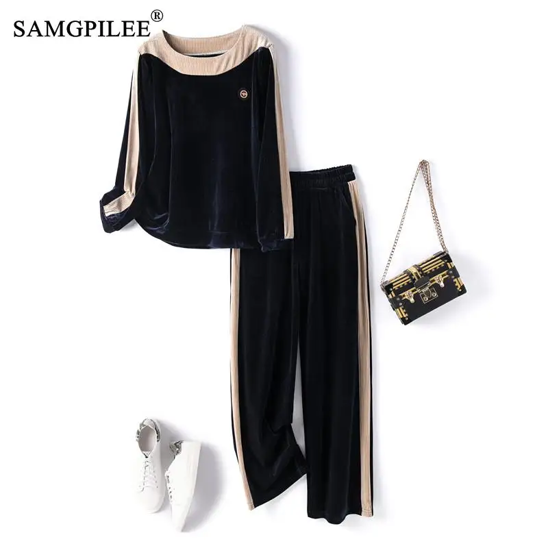 Pant Suits 2021 Spring And Autumn Casual Patchwork O Neck Blouse Elastic Waist Straight Trousers Two Piece Women Set