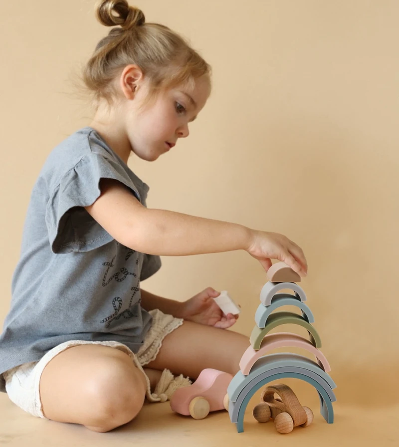 Rompecabezas Montessori de silicona, juego educativo, apilador de construcci&oacute;n en forma de arco&iacute;ris, 1 conjunto de bloques educativos, juguetes para beb&eacute;s-5