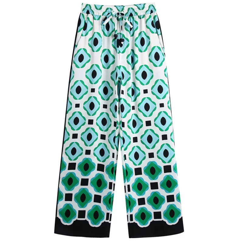 

Женские широкие брюки на завязках, повседневные облегающие брюки с геометрическим принтом, эластичным поясом, лето 2021