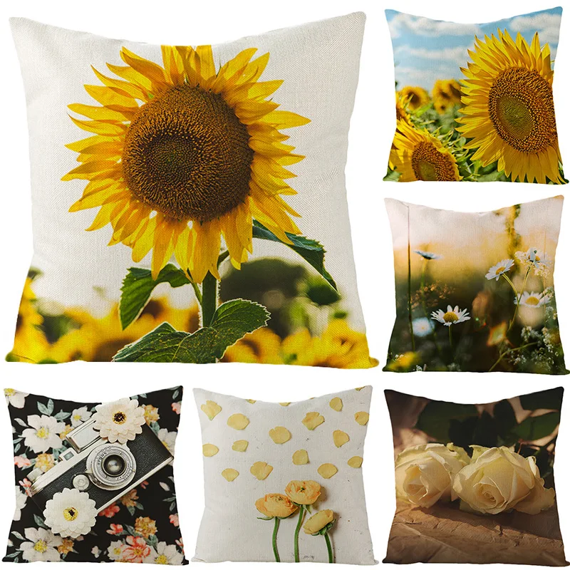 

2022 New Nordic Light Yellow Sunflowe Pillow Case Home Sofa Car Flower Pillows Covers White Decorative Fall Pillows for Bed