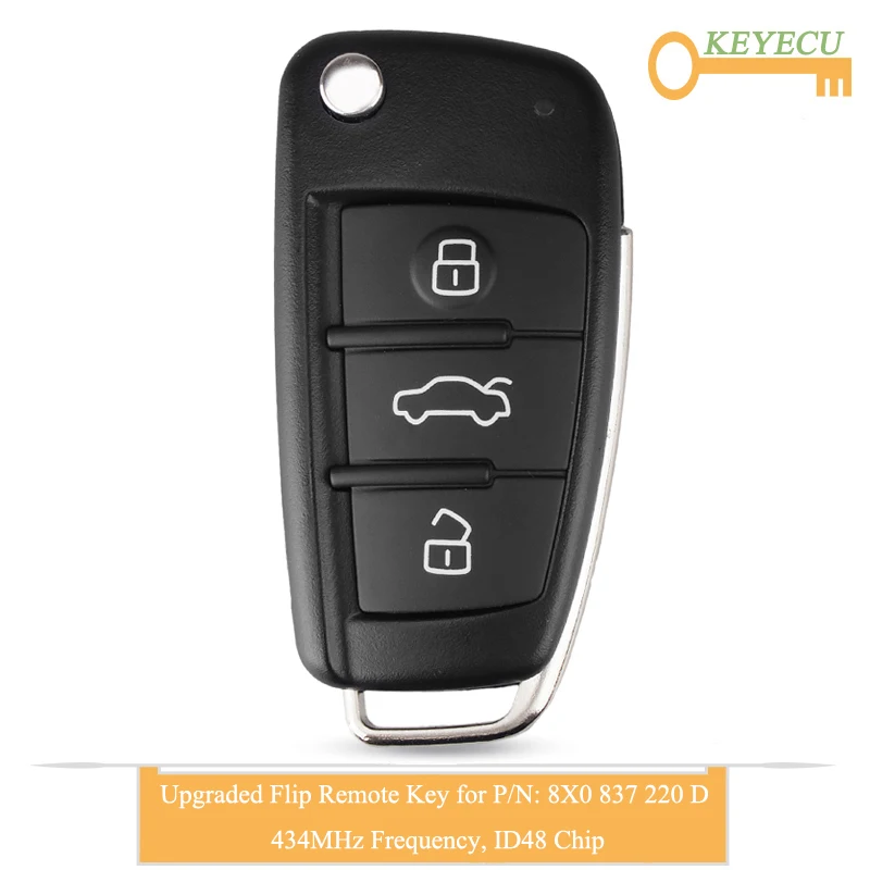 Ключ KEYECU для Audi A1 Q3 TT R8 брелок с 3 кнопками 434 МГц чип ID48 P/N: 8X0 837 220 D 8X0837220D|Ключ от