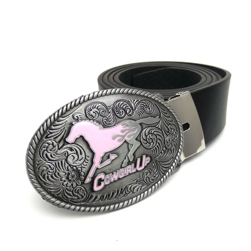 Vintage Retro Women's Black PU Leather Belts Western Cowgirls Belts with Oval Pink Horse Cowgirl Up Metal Belt Buckle For Jeans