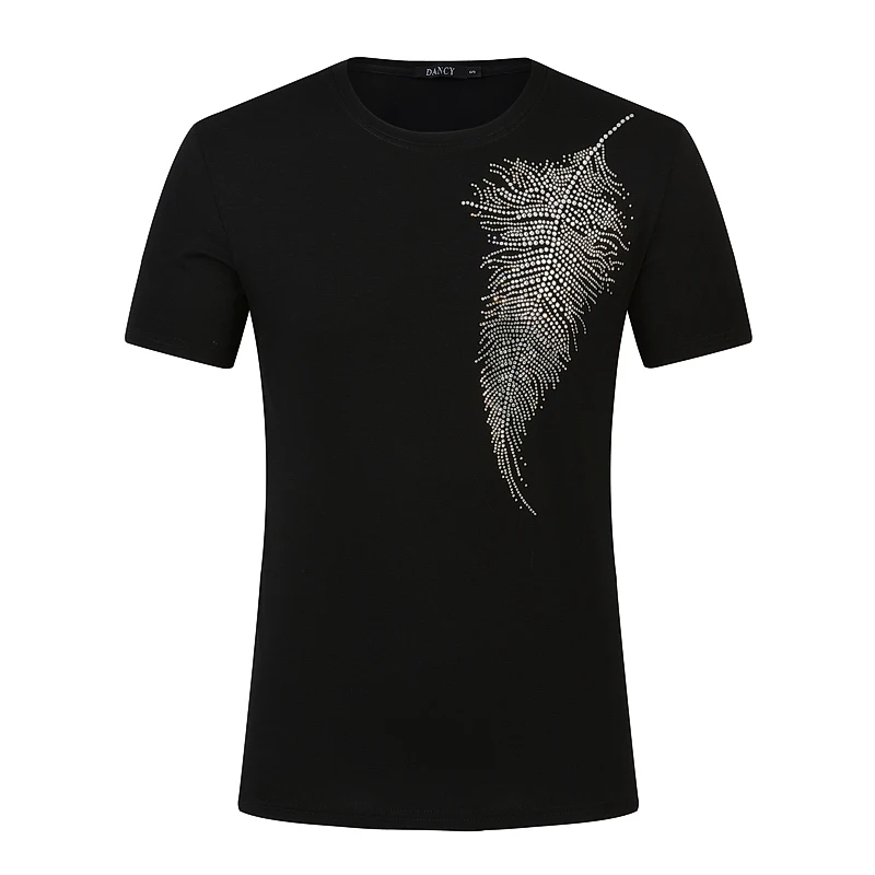 

Big Size Shinning Feather Design T Shirt Cotton Oversized Rhinestone Trendy T-Shirt Top Tee Summer Black Unisex Clothes 5XL