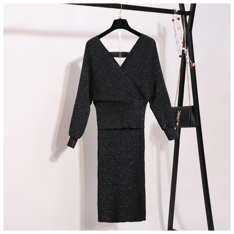 Winter Women 2 Piece Sets Sweater Set Warm Knitted Tracksuits V-neck Lantern Sleeve Pullover & Elastic Waist Skirt Suit Femme