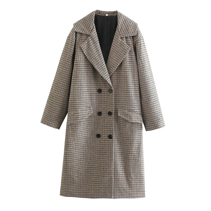 

UNIQYB ZA Coats Woman Winter 2021 Fashion Vintage Houndstooth Jacket Double Breasted Office Wear Elegant Loose Outerwear Mujer