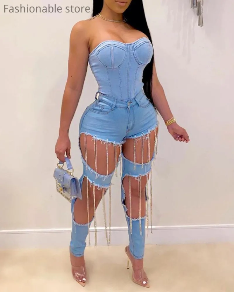 

Sexy Cutout Studded Tassel Design Jeans Women Autumn Holes Denim Pants