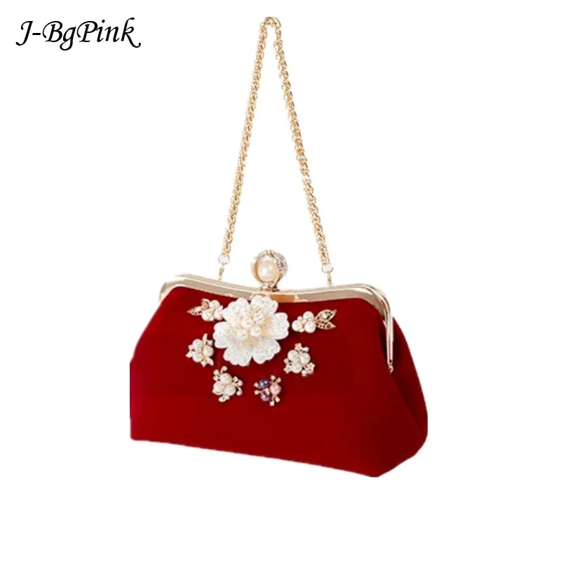 Женская сумочка красный кошелек с жемчугом и бриллиантами винтажная бархатная