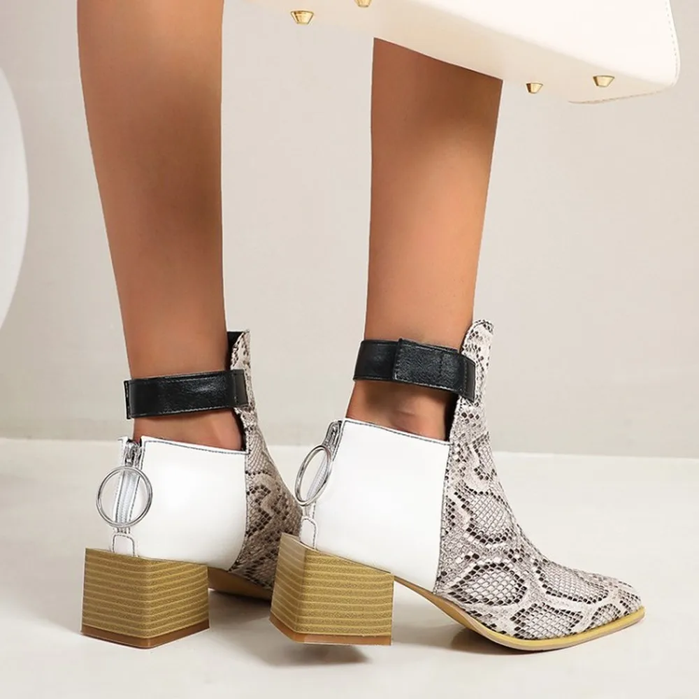 

12 Womens Round Toe Snake Pattern Ankle Boots Square Heel Match Colors Shoes Cut Out 3Colors Warm Winter Plus Size 34-46 New2022