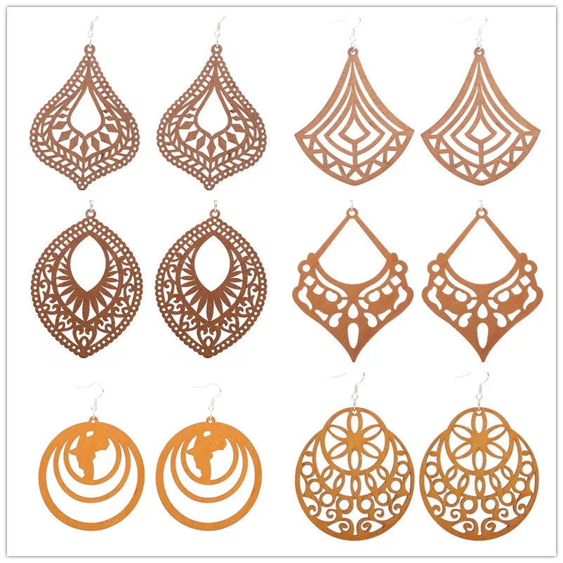 Оптовая цена хорошее качество деревянные серьги органические коричневые полые