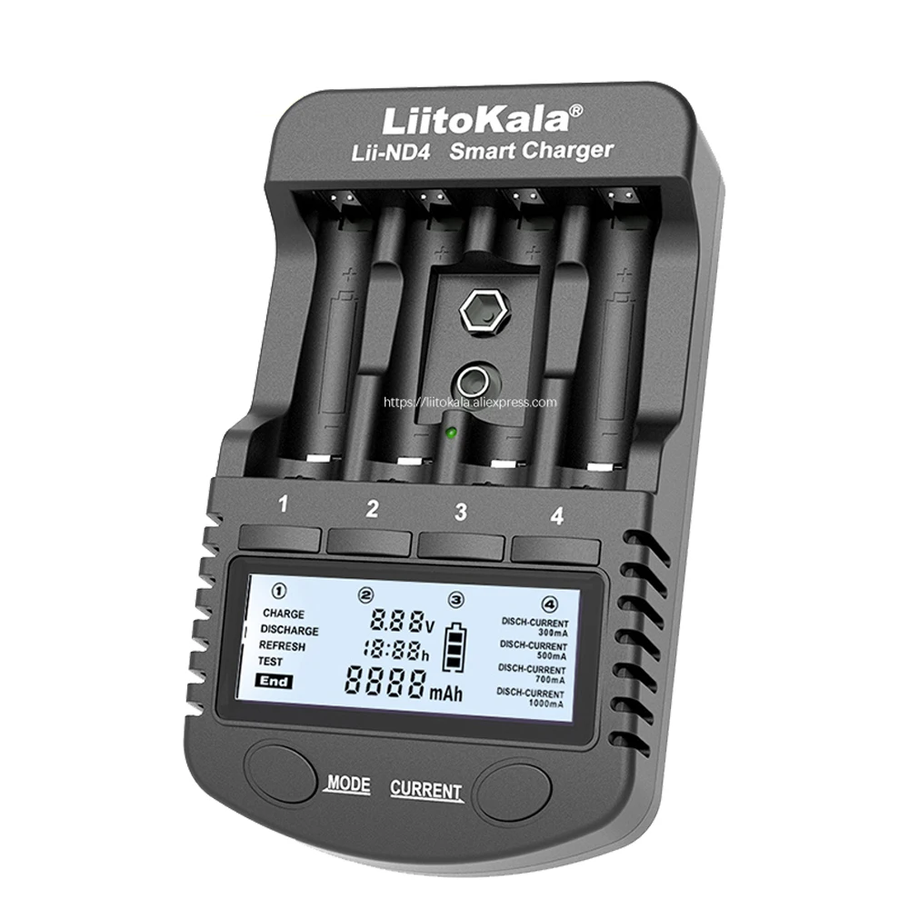 

Genuine LiitoKala Lii-ND4 NiMH/Cd charger AA AAA charger LCD Display and Test battery capacity For 1.2V aa aaa and 9V batteries.