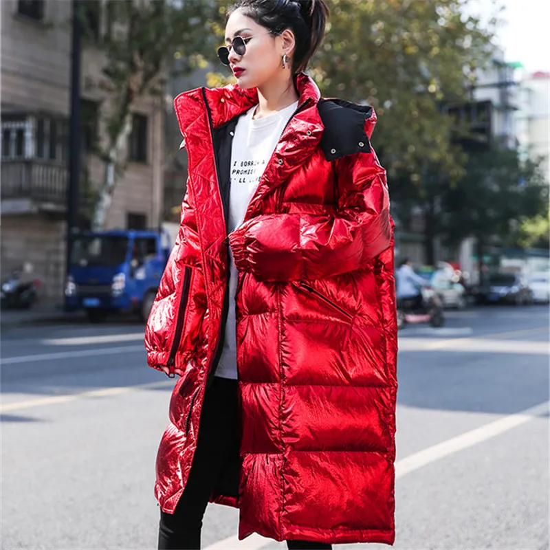 Женская Блестящая парка на молнии красная длинная свободная с капюшоном толстая