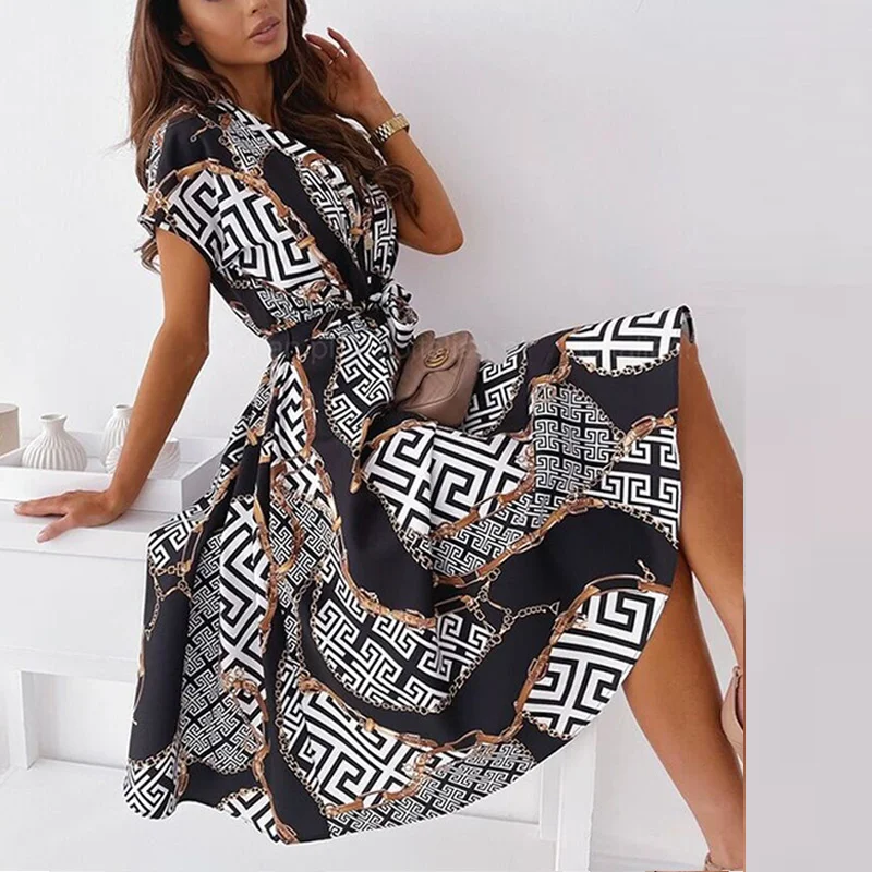 

Summer Women Shirt Lace-Up Belt Dresses 2021 Vintage Pattern Print A-Line Midi Dress Sexy V Neck Button Short Sleeve Party Dress