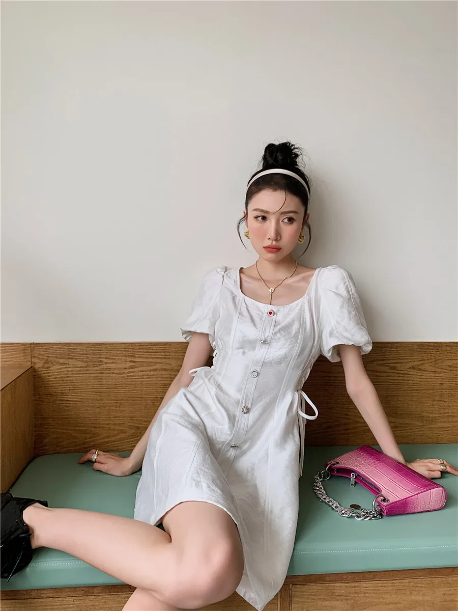 

white dress French style summer women square neck midi dresses 2232#