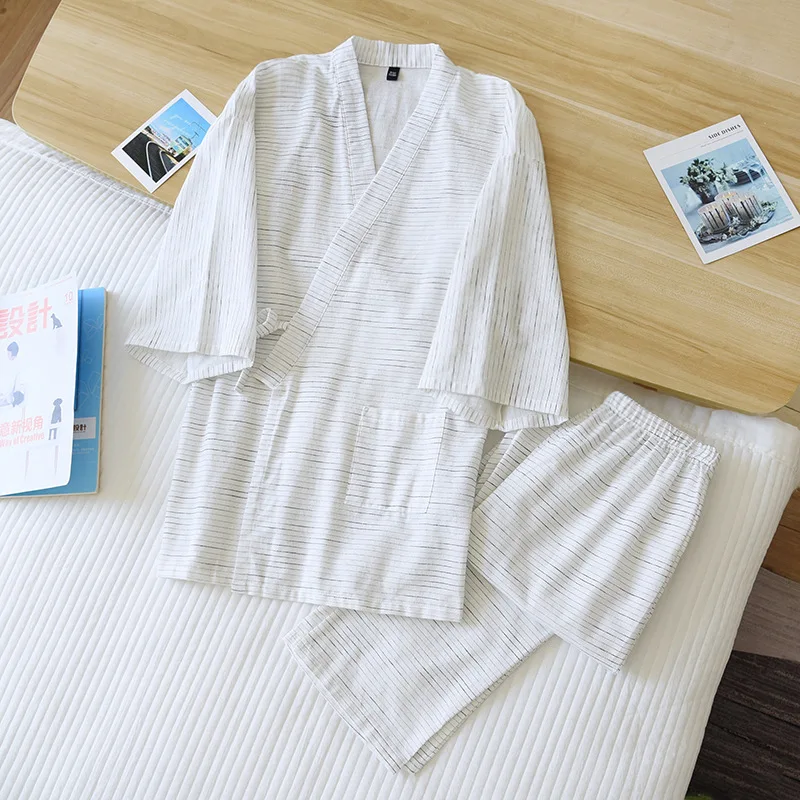 

Мужской Хлопковый комплект из двух предметов Yukata, весна-осень, длинное хлопковое кимоно, пижама из тонкой ткани, Мужская домашняя одежда