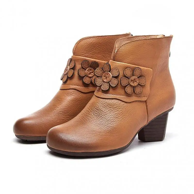 

Johnature Platform Boots 2021 New Autumn Winter Genuine Leather Women Shoes Zip Handmade Round Toe Floral Sewing Ankle Boots