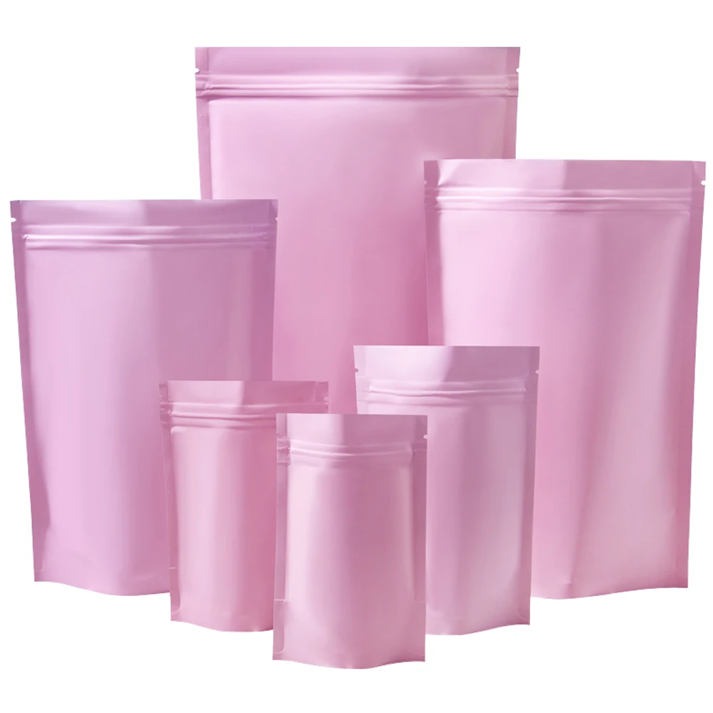 

100Pcs Matte Pink Aluminum Foil Bag Tear Notch Reusable Reclosable Stand Up Zip Lock Food Dried Fruit Nuts Candy Coffee Snacks