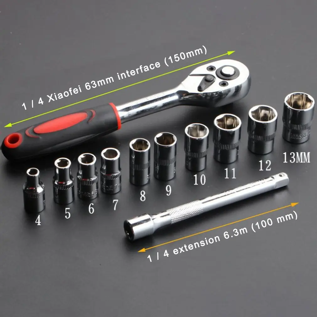 

12pcs 1/4 Inch Ratchet Socket Wrench Set Drive Socket Set 10 Sockets 2 Way Quick Released Ratchet Handle And Extension Bar