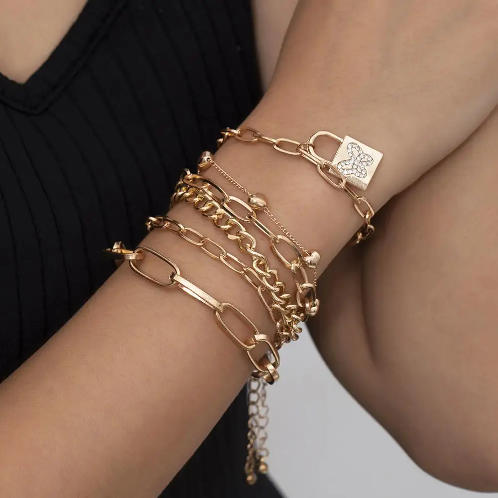 6 шт Бабочка замок Pedant мужские браслеты Набор Goth цепочка золотого цвета Браслеты