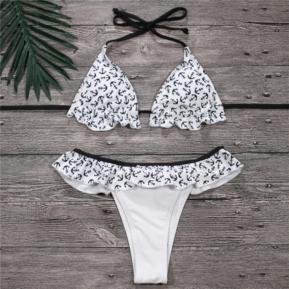 2020 сексуальный белый купальник с принтом якоря и рюшами бикини на бретельках
