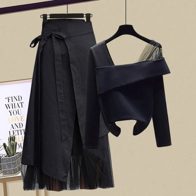 

Women Autumn office suit skirt Two Pieces Sets 2021 New Korean Long Sleeve Pullover Sexy T-shirt Top And High Waist Skirts Sets