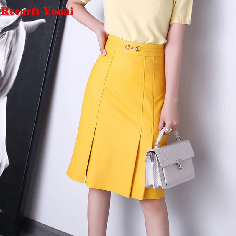 Женская повседневная юбка-миди из натуральной кожи | AliExpress