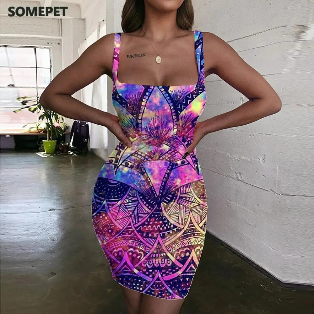 

SOMEPET Colorful Dresses Women Pineapple Sundress Rainbow Ladies Dresses Nebula 3d Print Womens Clothing Plus Size New Boho