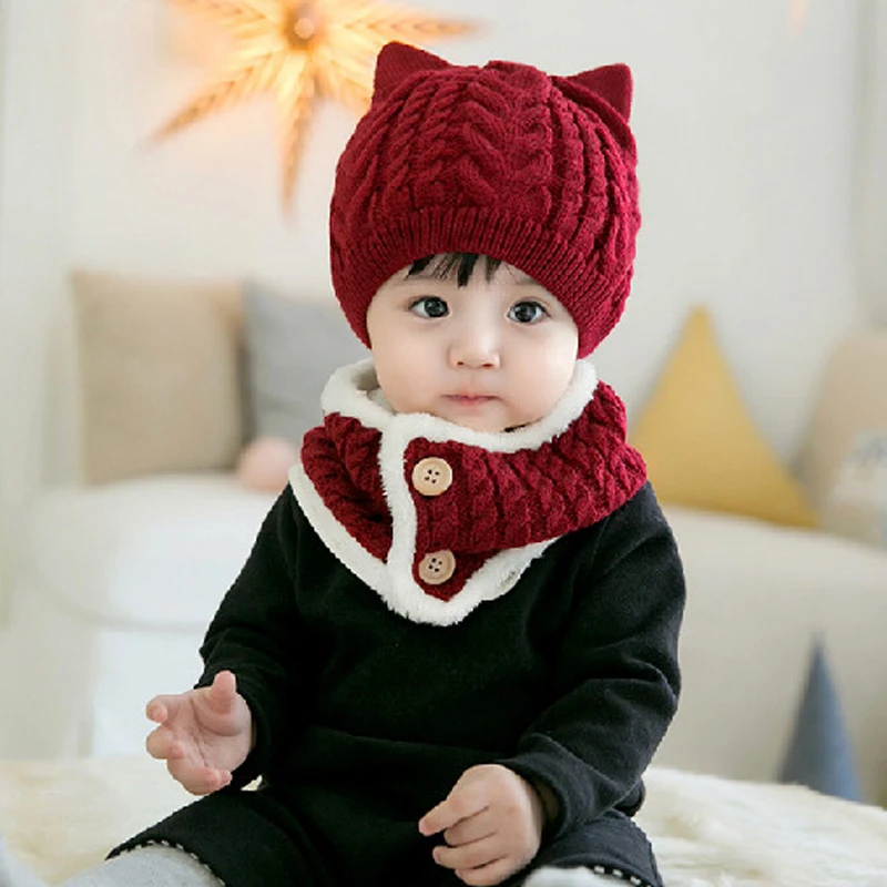 2Pcs/Set Baby Hats Scarf Knitted Wool Newborn Turban Beanie Warm Print Caps Soft Hat For Girls Boys Elastic Bonnet Autumn Winter | Детская
