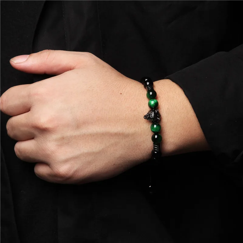 

Tiger Eye Bracelets For Men Wolf Head Charm Onyx Lava Natural Stone Beaded Bracelet Yoga Elastic Rope Trendy Handmade Jewelry