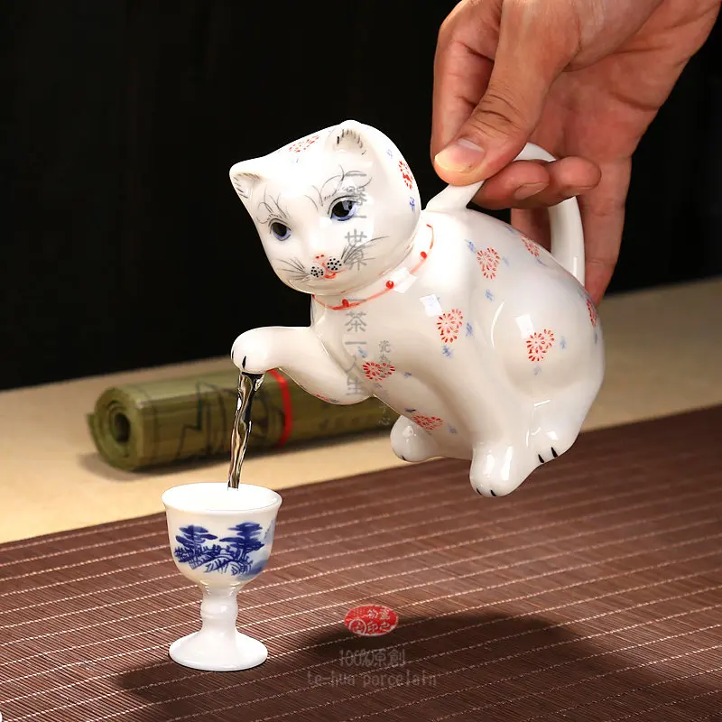 Расписанный вручную сине белый керамический Ланки кошачий чайник креативный с
