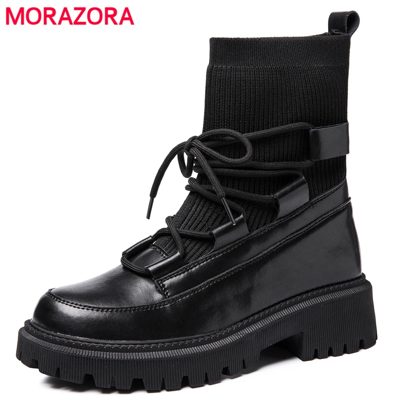 

MORAZORA 2022 New Genuine Leather Ankle Boots Fashion Slip On Square Heels Socks Boots Ladies Platform Shoes Autumn Footwear