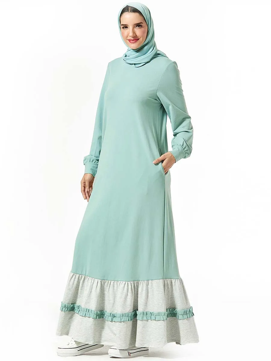 

Comfortable Autumn And Winter Middle East Arabian Sweater Skirt Stitching Contrast Pockets Casual Dubai Muslim Big Swing Robe Is