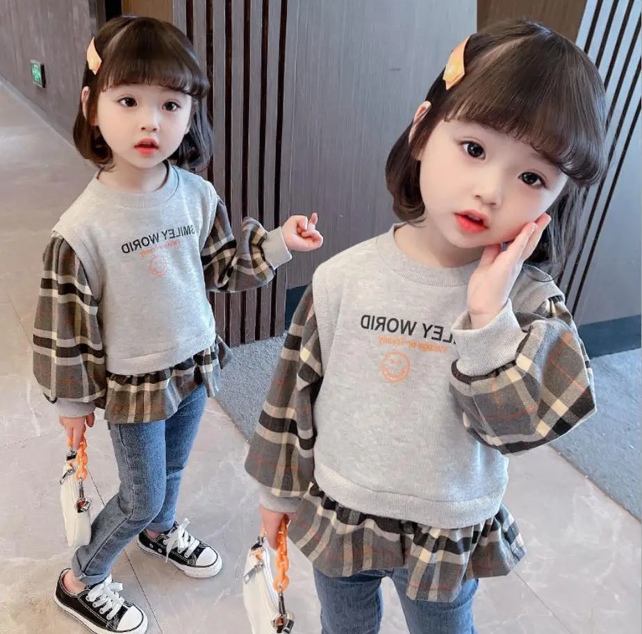 

Одежда для девочек, Детский свитер с длинным рукавом, Новинка осени 2021, свитер для детей, имитация двух предметов в иностранном стиле для мал...