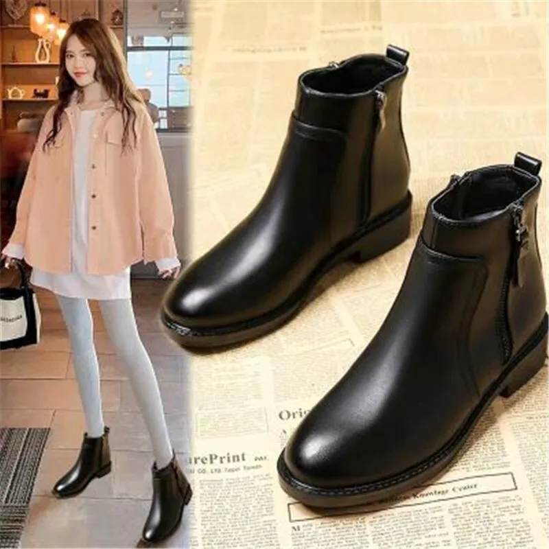 Женские кожаные ботильоны на молнии с круглым носком размеры 34 43|Женские