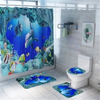 Bathroom Mat Set Anti-slip Marine Animals Bath Mat Coral Fleece Shower Curtain Floor Mat Washable Bathroom Toilet Rug